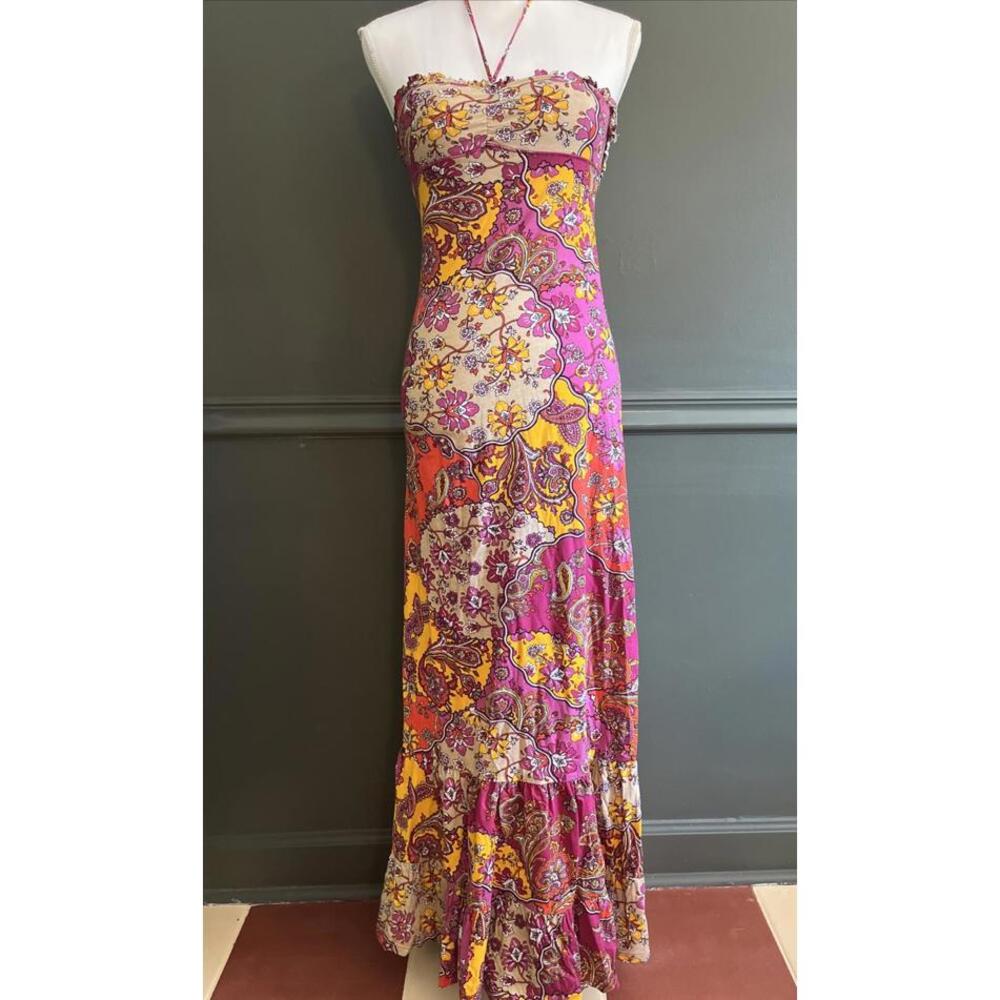 Y2K VTG Energie Boho Hippie Maxi Dress Pink Orange Gold Beaded Halter Women S/XS
